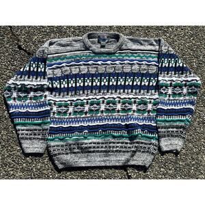 Vintage Etchings “coogi-style” sweater blue green ramie blend retro Cosby biggie